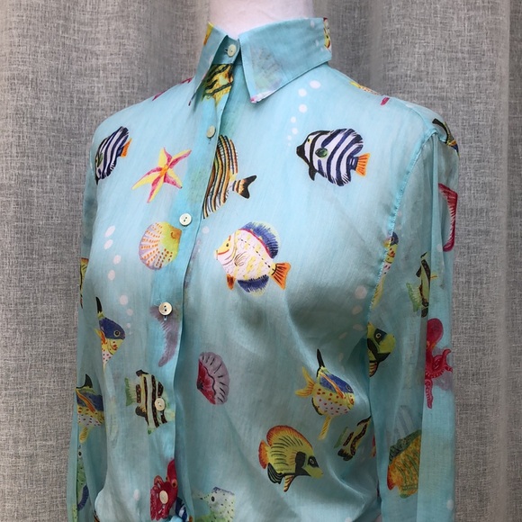 Leggiadro light blue with fishes button down blouse tie at waist - Picture 6 of 14
